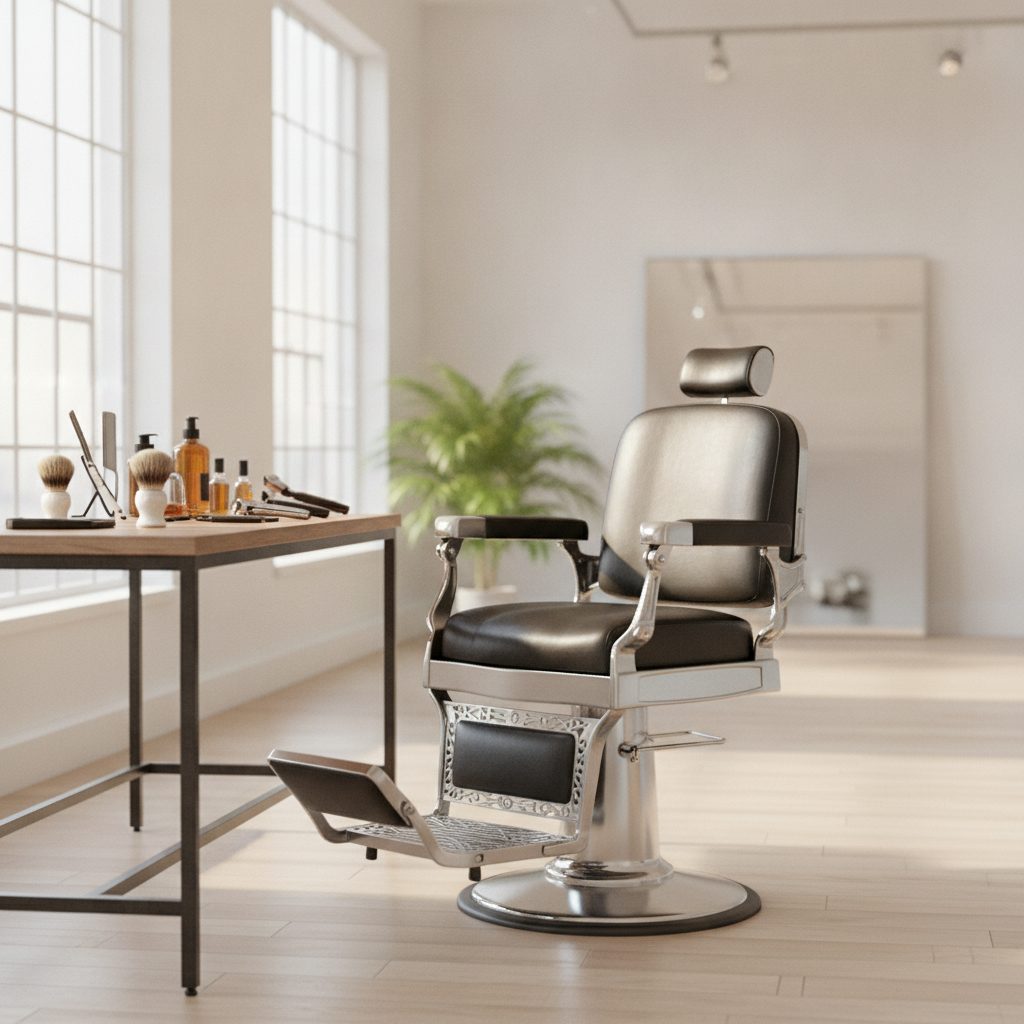 Calm barber chair and grooming tools in a bright modern studio